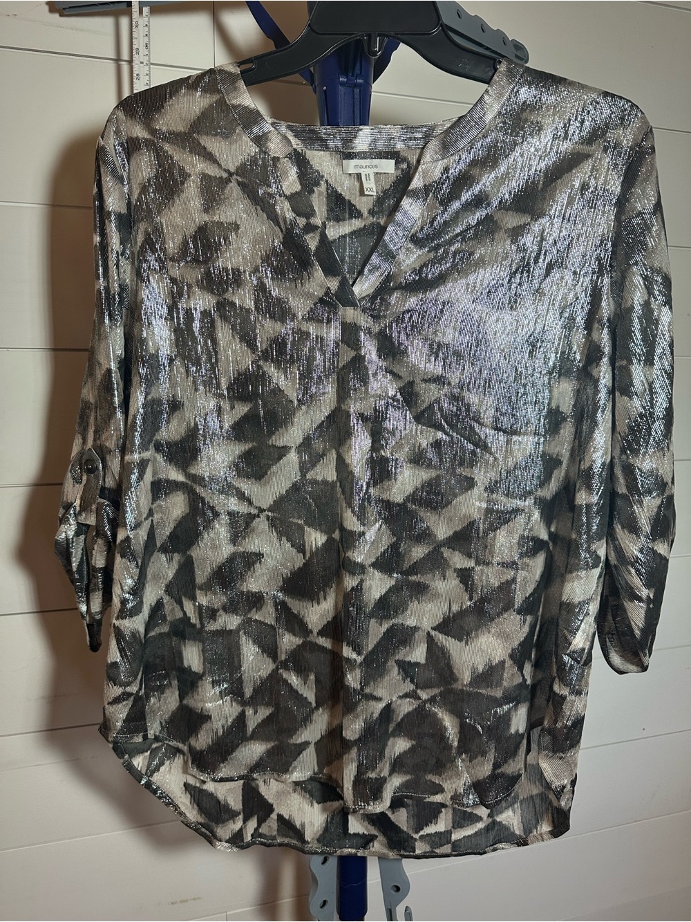 #160 Metallic Black & Silver Geometric V-Neck Blouse